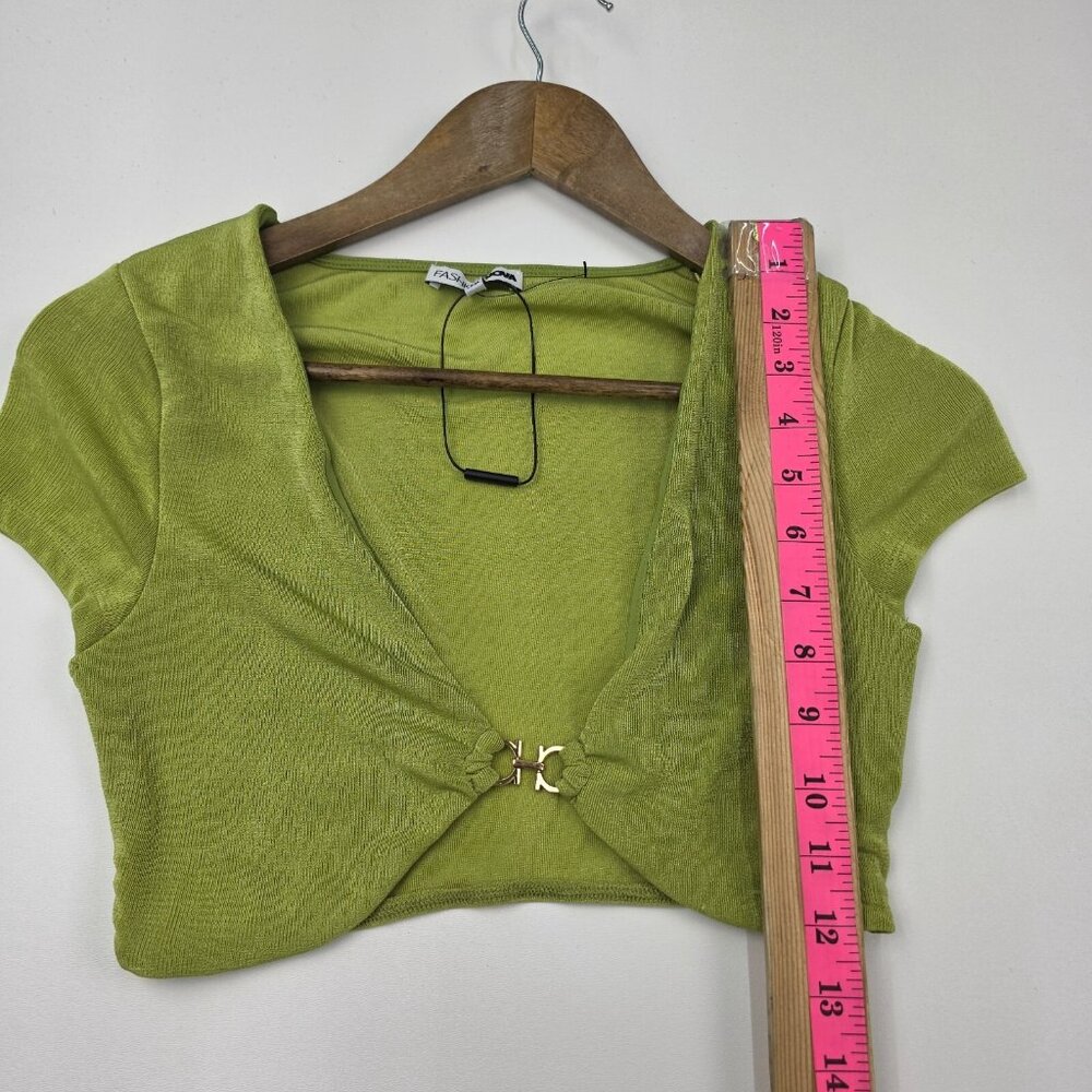 Fashion Nova Green Stretch Deep Plunge Shrug Cropped Bolero Top‎ S Y2K Vibe NWOT - Picture 12 of 13